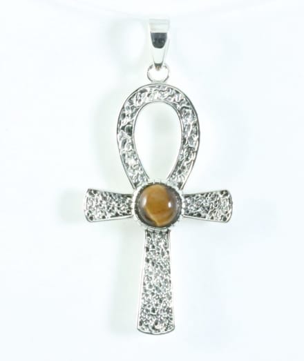 Bewerkte zilveren ankh hanger met tijgeroog