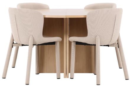 Strada eethoek uittrekbare tafel Ø120cm, 170cm en 4 stoelen whitewash, beige.