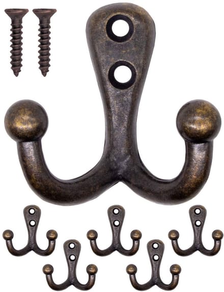 Massieve antieke dubbele haken, garderobehaken, messing brons design, set van 5