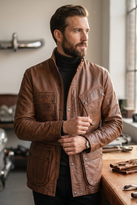 Heren Tan Lam Leren Safari Parka Jas - Haven