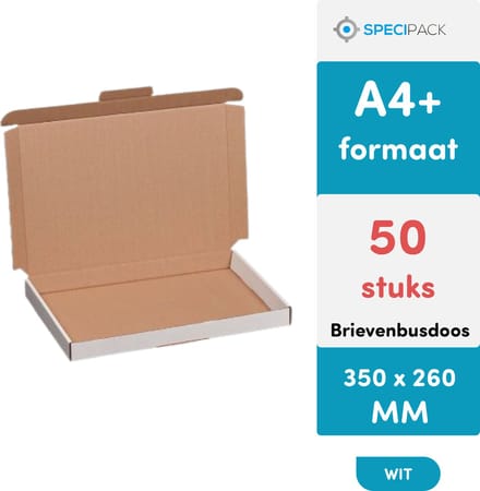 Specipack Brievenbusdoos A4+ XL Wit - 50 stuks - Verzenddozen met Extra Sluiting - 350 x 260 x 30 mm - Postdozen