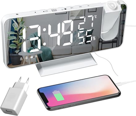Digitale Wekker met 180° Projector, FM Radio en USB Oplaadpoort