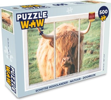 Puzzel Schotse hooglander - Natuur - Doorkijk - Legpuzzel - Puzzel 500 stukjes