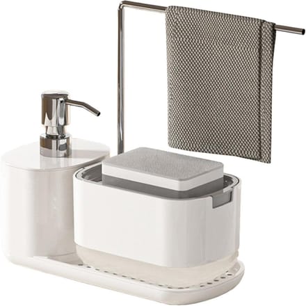 Hand- en afwasmiddeldispenserset, zeepdispenser met sponshouder en voddenhouder Push-Type vloeistof wit