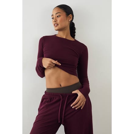 Dames DSGN Studio Geborduurd Shirt met Lange Mouwen | Bordeaux Rood | Maat: Large