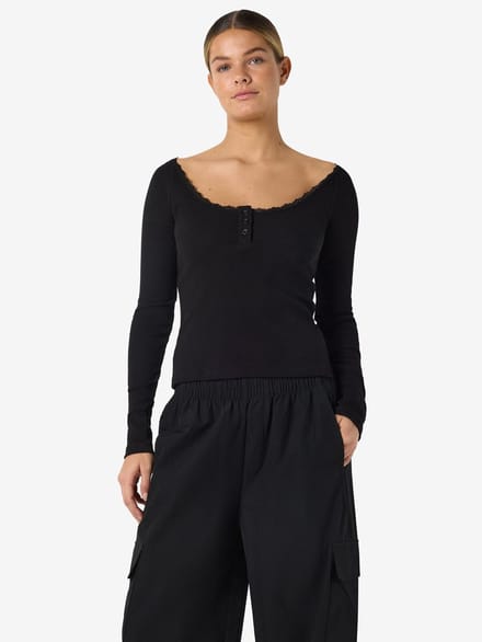 Noisy May Dames T-Shirt Knoopsluiting Ronde hals Kantboord