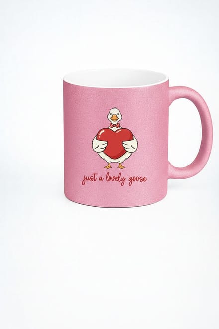 Roze Glitter Mok 'Just a Lovely Goose' - Schattige Gans met Hart - Romantisch Cadeau