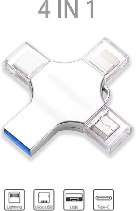 Bru USB Flashdrive - 4-in-1 USB Multi Functioneel Flashdrive - Compatibel met iOS, Android en PC - Extern Geheugen - Extra opslagruimte voor uw multimedia - 64 GB