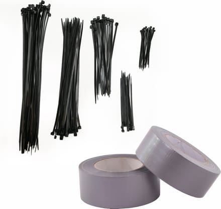 Kortpack - Set van 5 maten Kabelbinders + 2 rollen Grijze Duct-Tape van 5cm breed x 50mtr lang - (099.0185)