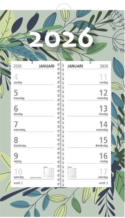 MGPcards - Omlegweekkalender 2026 - Week begint op zondag - 21 x 34 cm - Bladeren - Groen