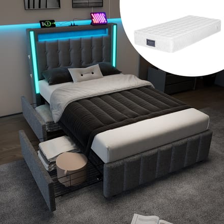Wishdor Gestoffeerd Bed 90x200 cm - USB/Type-C & LED - 2 Lades - Grijs Linnen - High-Tech & Compact