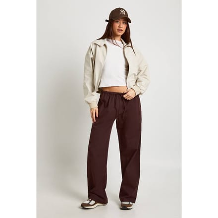 boohoo Dames Lange Chambray Wijde Broek met Trekkoord | Chocoladebruin | Maat: 34