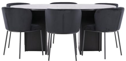 Strada eethoek uittrekbare tafel Ø120cm, 170cm en 6 stoelen zwart.