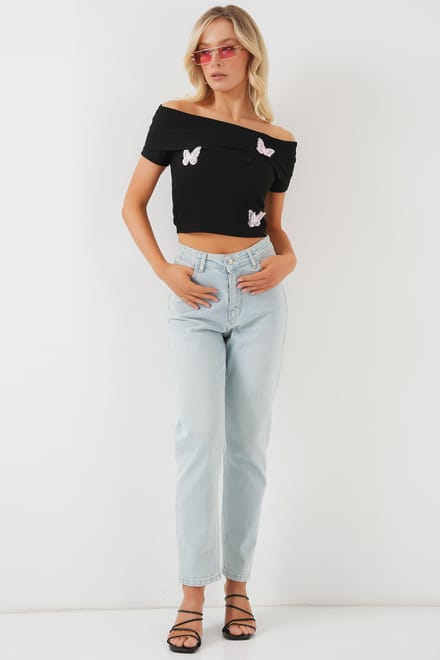 Vlinder Applique Off-Shoulder Korte Mouwen Crop Top