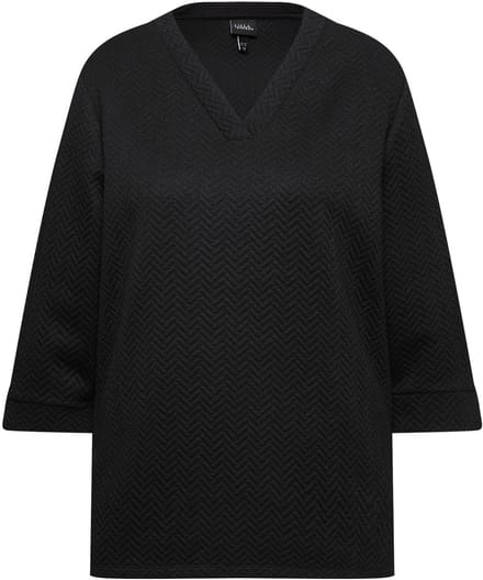 Ulla Popken - Dames - Sweatshirt structuur V-hals 3/4-mouwen - Zwart - Maat 46+