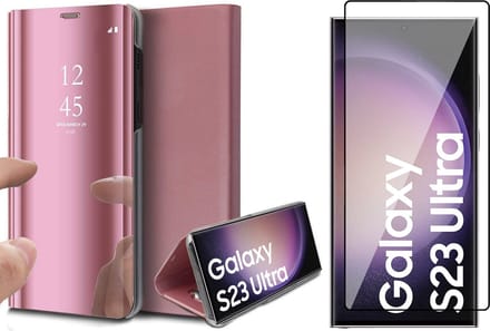 Hoesje geschikt voor Samsung Galaxy S23 Ultra - Screen Protector FlexGuard - Book Case Spiegel Roségoud & Screenprotector