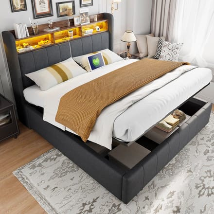 PHOEBE CAT Gestoffeerd bed - 160×200 cm - LED-verlichting - USB/Type-C - Opbergruimte - Linnen - Grijs