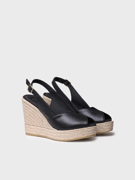 Dames espadrille met hoge hakken, open neus en sleehak van leer | OPRAH