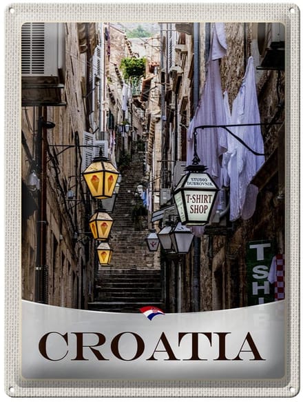 Blechschild Reise 30x40cm Kroatien Altstadt Treppen Laterne