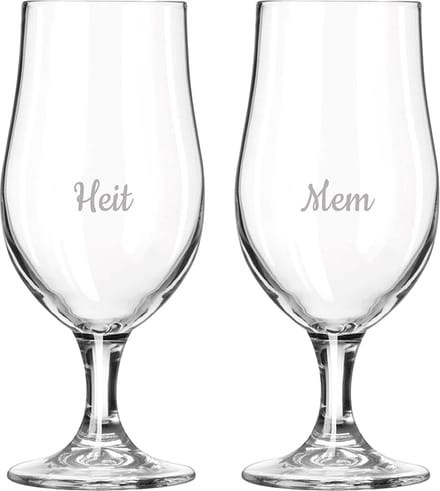 Gegraveerde bierglas op voet 49cl Mem & Heit