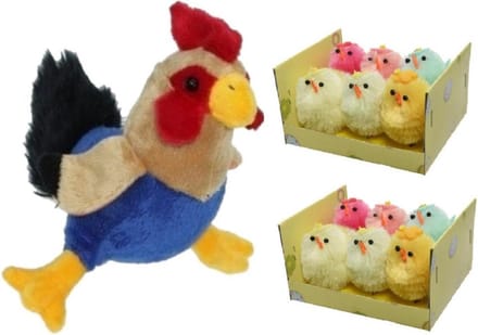Decoris Pluche kippenknuffel 20 cm - 12x mini kuikentjes 4 cm - paasdecoratie - vrolijk