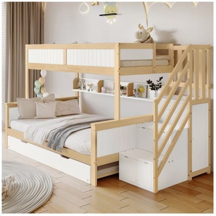 Stapelbed - MUVOE - Wit + Naturel - 90x200 cm - Massief hout - 2/3 persoons wit