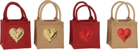 J-Line zak Hart Pailletten - jute - naturel/rood - 4 stuks