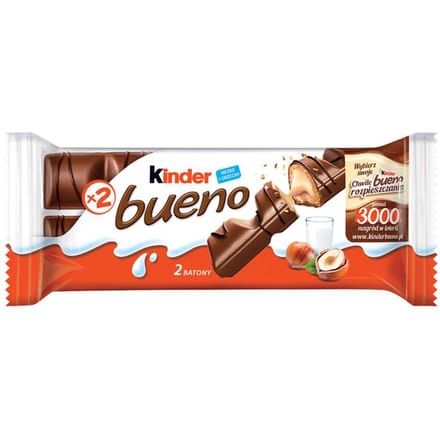 Kinder Bueno Chocolat au Lait Gaufrette Fourrée Crème Lait et Noisettes 43 g (2 pièces)