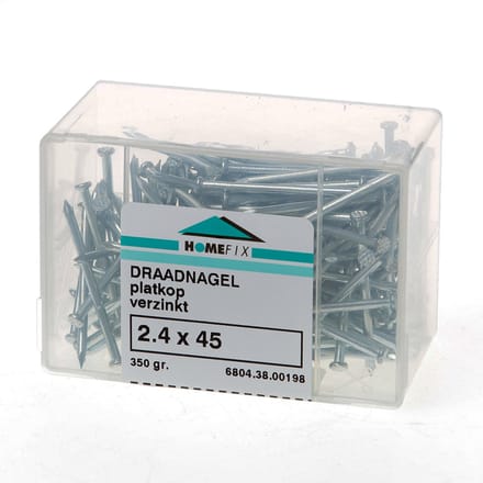 Draadnagels. 2.4 x 45mm. lang. Platkop. Blank Staal. 350 gram Spijkers. Homefix.