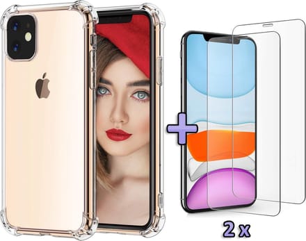 HB Hoesje Geschikt voor Apple iPhone 11 - Transparant - Anti Shock Hybrid Back Cover / 2X Glazen Screenprotector