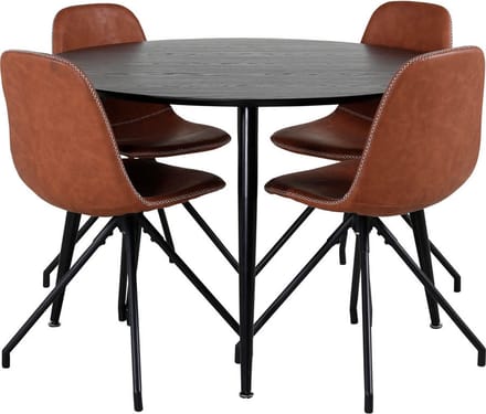 DippØ115BLBL eethoek eetkamertafel zwart en 4 Polar eetkamerstal PU kunstleer bruin.
