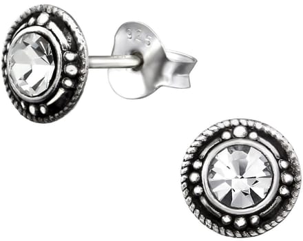 Joy|S - Zilveren Bali classic oorbellen - 7 mm - wit kristal - geoxideerd