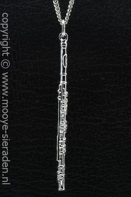 Zilveren Dwarsfluit groot ketting hanger