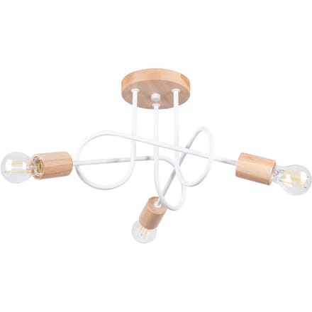 Kroonluchter EMBER 3 met 3 metalen armen en houten accenten - Sollux Lighting - IP20 - Wit/natuurlijk hout staal/hout behuizing - 14 x 56 x 26 cm - 3 x E27 LED, exclusief lichtbron - 3 x 15 W - Minimalistische kroonluchter voor gang, hal en woonkamer