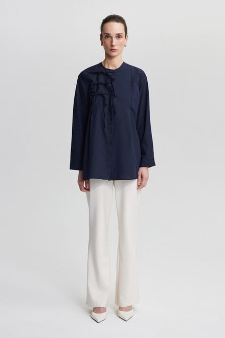 Touché Privé - Poplin overhemd met strikdetail - Marine - Dames