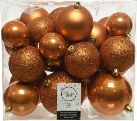 Decoris Kerstballen - 26x st - cognac bruin - 6-8-10 cm - kunststof - kerstversiering