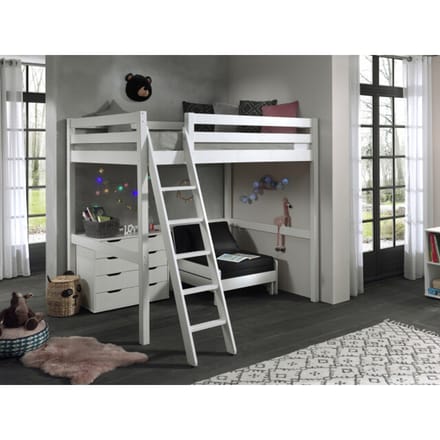 LUCEVI - Pino Mezzanine Bed + Ladder + Commode 4 Laden + Slaapfauteuil - Wit - 140x200 cm