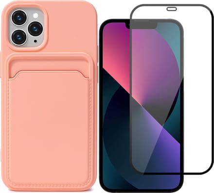 Hoesje Pasjeshouder geschikt voor iPhone 13 Pro Max Roze - Siliconen Case Back Cover + Full Screen Protector Glas Screenprotector