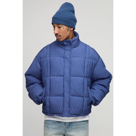 Boxy Fit Textured Pintuck Funnel Neck Puffer Jacket | Blue | Size Medium