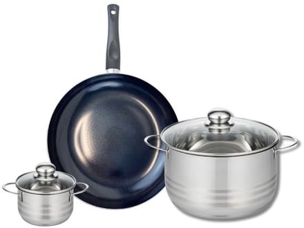 Set van 1 Koekenpan 28 cm en 2 kookpannen 12 en 24 cm Elo Prima Glanzend