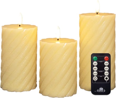 Anna Collection LED kaarsen/stompkaarsen set - 3x st - ivoor wit - swirl - afstandsbediening