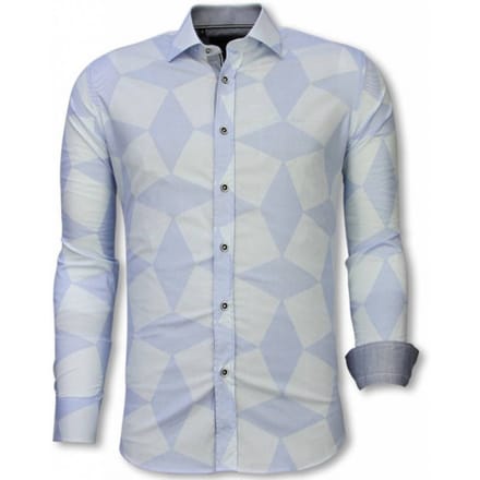 Italiaanse Overhemden - Slim Fit Overhemd - Blouse Line Pattern - Licht Blauw