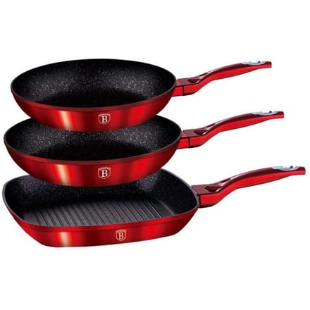 2 koekenpannen en 1 grillpan van Berlinger Haus (rood metallic)