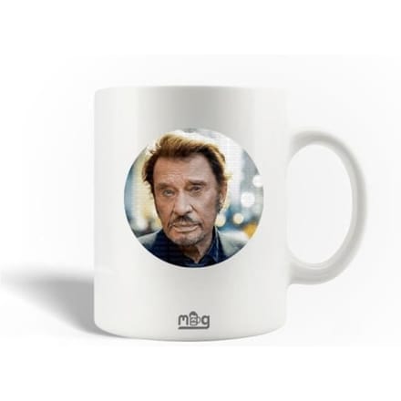 Mug en Céramique - Johnny Hallyday - 30cl - Blanc - Compatible Lave-Vaisselle - Rond
