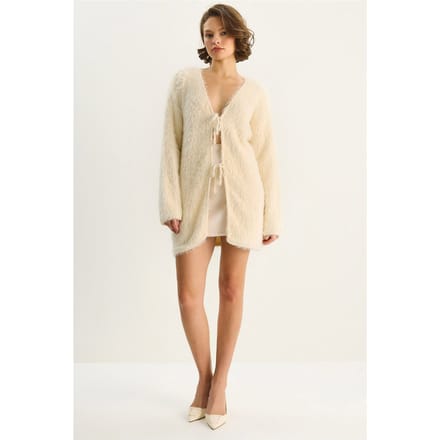 Gestructureerde V-hals Midi Cardigan met Striksluiting
