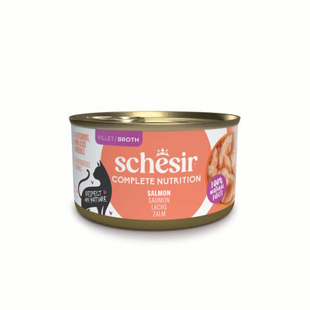 6 x 85g Schesir Complete Nutrition in Broth zalm natvoer voor katten
