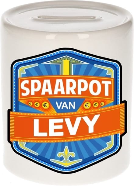 Bellatio Decorations Kinder spaarpot met naam - Levy - keramiek - met dop - wit - Sparen - Spaargeld van Levy