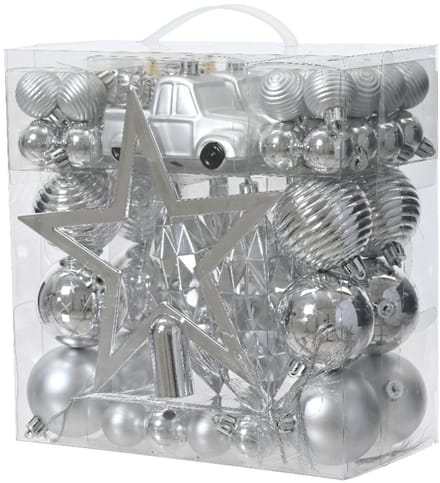 Kerstboom decoratie zilver mixbox polystyreen 67-delig.