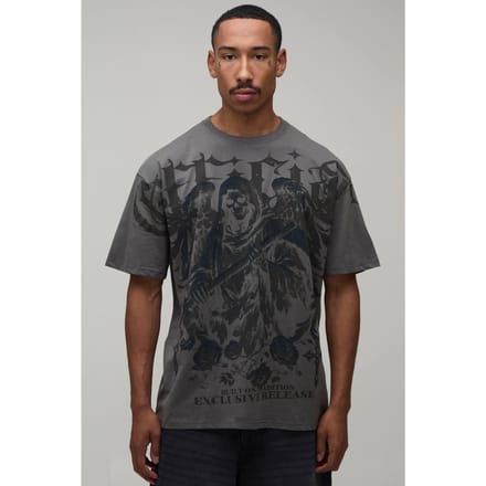 Antraciet Oversized Gothic Over-de-naden Print T-shirt | Charcoal | Size Medium