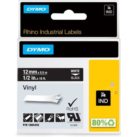 DYMO Rhino industriële Vinyl Labels | 12 mm x 5,5 m | witte afdruk op zwart | zelfklevende labels voor Rhino & LabelManager labelprinters